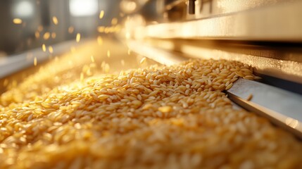A close-up view of golden grains flowing from a machine, capturing the texture and movement of harvested crops in a bright agricultural setting.