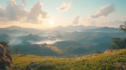 Fototapeta premium A breathtaking view of a mountain range with a soft, hazy glow from the setting sun.