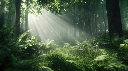 Obraz premium Sunbeams pierce through the dense canopy of a lush green forest, illuminating the ferns and foliage below.