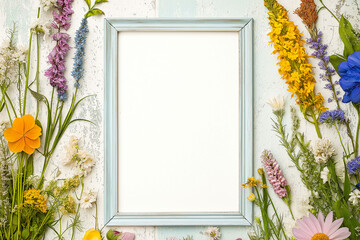 Vintage Frame Among Wildflowers: A Rustic White Picture Frame Surrounded by a Natural Garden of Colorful Summer Blooms, Including Daisies, Cosmos, Delphinium, and Queen Anne's Lace on a Soft Pastel Ba