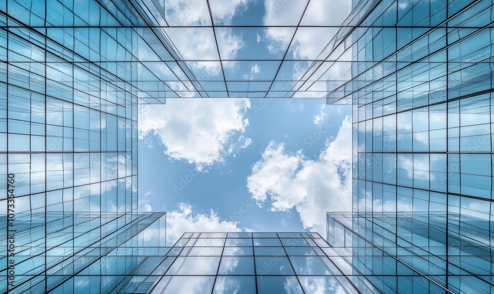 Poster a view of the sky through a glass building, with the clouds and blue sky reflected in the windows.