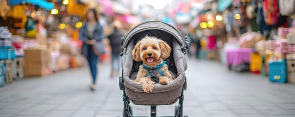 Naklejka premium Dog in a pet stroller at an outdoor market, owner shopping with dog safely nestled in