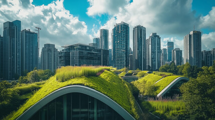 Panoramiczny widok nowoczesnej, ekologicznej panoramy miejskiej z zielonymi dachami i innowacyjnymi budynkami.