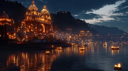 Obraz premium A beautiful temple is lit up at night, reflecting in the water. Small boats with candles drift along the river.