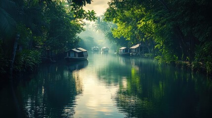 Tranquil canal scene with several boats docked along the lush green banks. The calm water reflects the surrounding foliage creating a picturesque setting.