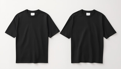 Modern black t-shirt front and back template, plain minimalist design, neutral gray background for branding visuals