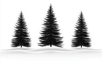 Obraz premium Silhouettes of three pine trees on a snowy ground set against a white background presenting a minimalist winter scene with serene beauty and natural elegance