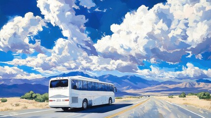 Obraz premium Scenic Road Trip in a White Bus Under a Bright Blue Sky with Dramatic Clouds and Majestic Mountains in the Background, Perfect for Travel and Adventure Themes