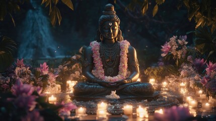 A serene statue of Shiva adorned with flowers sits in the midst of a lush forest with flickering candlelight.
