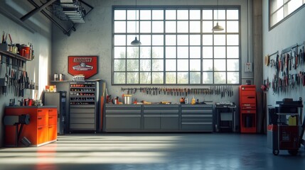 Bright and Organized Workshop Interior Showcasing Essential Tools and Equipment in a Spacious Garage with Large Windows Bathing the Space in Natural Light
