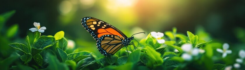 Obraz premium A vibrant butterfly rests on lush greenery, surrounded by delicate white flowers, illuminated by soft sunlight in a serene natural setting.