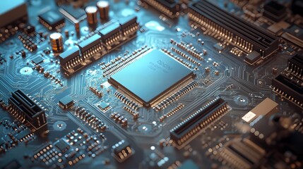 Fototapeta premium Abstract microchip surface texture with interconnected lines and nodes, suitable for backgrounds focused on tech, innovation, or data connectivity themes