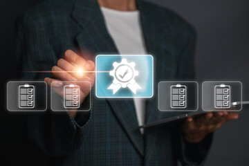 Digital illustration of a quality certificate surrounded by checklist documents, symbolizing...