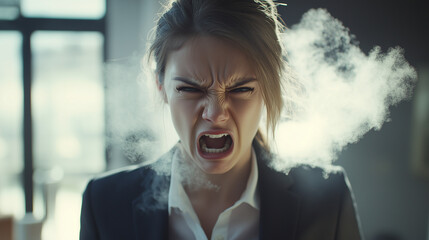 Wściekła młoda kobieta w odzieży biznesowej, z parą unoszącą się z jej uszu, co symbolizuje gniew i frustrację