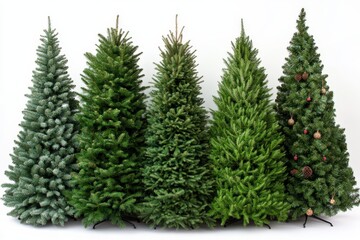 Obraz premium Six varieties of evergreen trees including frosted and decorated types arranged in a row against a neutral background showcasing natural diversity in holiday greenery