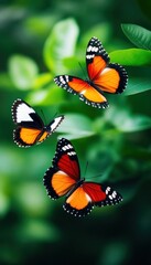 Obraz premium Three vibrant butterflies fluttering among lush green leaves, showcasing beautiful orange and black patterns in a serene natural setting.