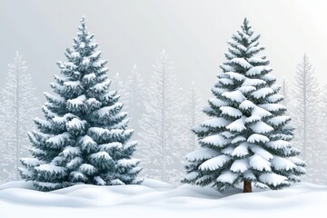 Fototapeta premium Frosted pine trees in a snowy landscape with a muted winter sky creating a serene and peaceful holiday scene emphasizing nature’s calm in wintertime