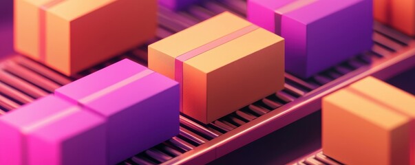 Fototapeta premium A colorful arrangement of geometric boxes on a conveyor belt, representing modern logistics and packaging in a vibrant and artistic manner.