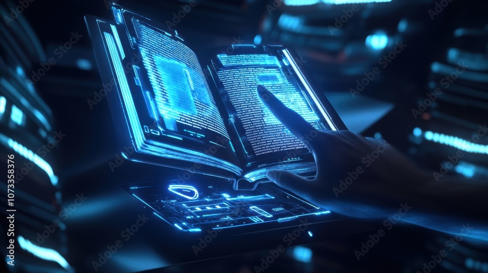 Poster futuristic interactive holographic book display with user hand gesture over floating text, engaging 