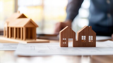 Business Owner Reviewing Property Investment Document with Miniature Wooden Houses on Table Surrounded by Architectural Plans and Blueprints in Natural Light