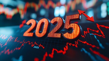 3D render of the word 2025 with red arrows pointing, 2025 business growing background