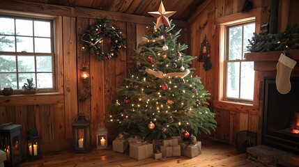 Cozy and Inviting Christmas Scene with a Decorated Tree, Warm Lights, and Festive Decorations in a Rustic Wooden Cabin Setting
