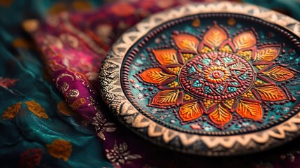 Fototapeta premium A close-up of a beautifully painted circular plate with intricate details in vibrant colors.