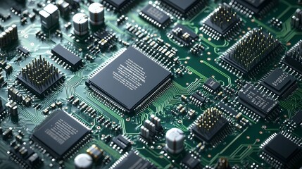 Fototapeta premium Abstract microchip texture background with intricate circuits and connections.