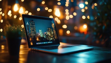 A laptop displays a city skyline at night, surrounded by warm, glowing lights and a potted plant, creating a cozy, inviting atmosphere.