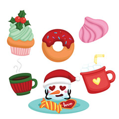 Colorful Christmas Holiday Food Snack Dessert Cake Cupcake Gingerbread Cookies Candy Cupcake Chocolate Cartoon Illustration Vector Clipart Sticker Decoration Accessories