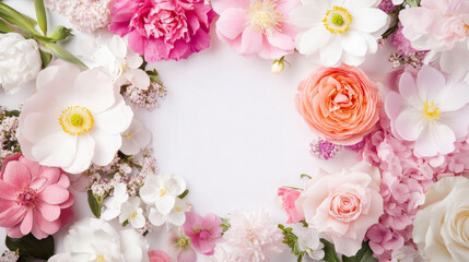 blossom flowers blooming floral festive bouquet wall fashion pink peach white background with copy space. 3D fashion pastel beautiful card wallpaper
