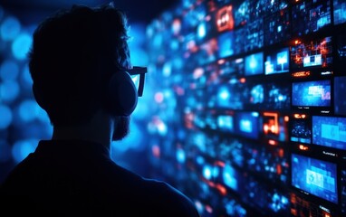 A person wearing headphones is seen from behind, gazing at a wall of screens displaying vibrant digital visuals.