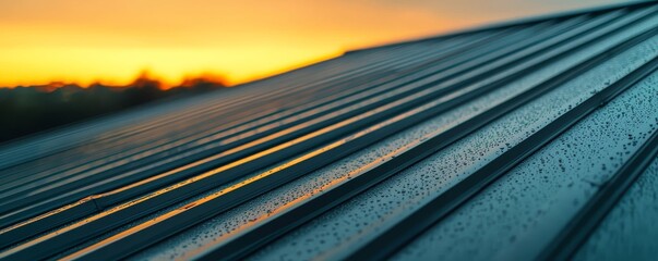 A close-up view of a metal roof with rain droplets, reflecting the vibrant colors of the sunset in the background.