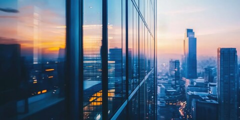 Obraz premium High-Rise Cityscape View from Floor-to-Ceiling Windows at Dusk