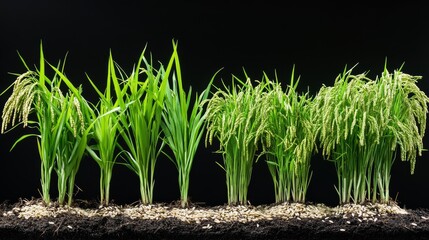 A vibrant display of rice plants at various growth stages, set against a dark background, showcasing their lush green leaves and developing grains.