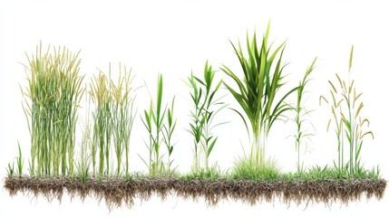 Obraz premium A visual representation of various grass types displaying different growth stages, showcasing their roots and blades in a clean, white background.