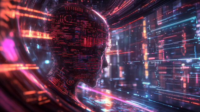 Futurystyczny interfejs, kt&oacute;ry łączy kod binarny z przetwarzaniem wizualnym, symbolizując zaawansowane techniki uczenia maszynowego wykorzystujące sztuczną inteligencję.