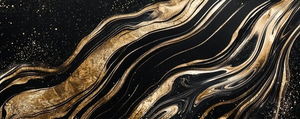 Swirling golden and black marble texture, abstract fluid design with rich metallic tones, bold artistic style