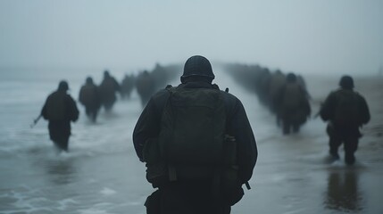 Soldiers landing on Normandy – Depicting a historic World War II moment, courage, and the intensity of the D-Day invasion