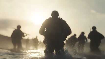 Soldiers landing on Normandy – Depicting a historic World War II moment, courage, and the intensity of the D-Day invasion