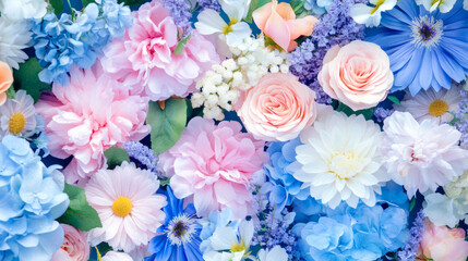 blossom flowers blooming floral festive bouquet wall fashion blue purple pink white background with copy space. 3D fashion pastel beautiful card wallpaper