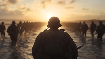 Soldiers landing on Normandy – Depicting a historic World War II moment, courage, and the intensity of the D-Day invasion