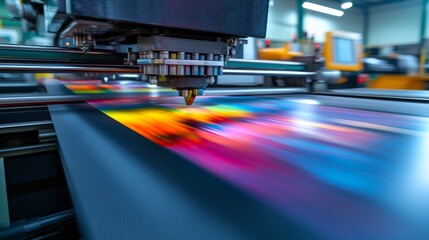 Close-up of an advanced printing machine producing vibrant graphics with precision and speed in a modern industrial setting.