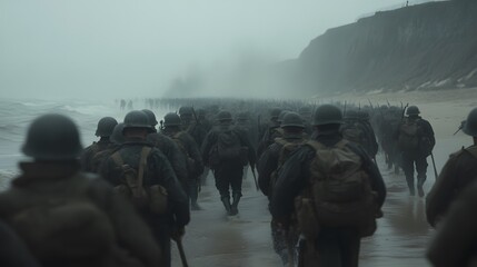 Soldiers landing on Normandy – Depicting a historic World War II moment, courage, and the intensity of the D-Day invasion
