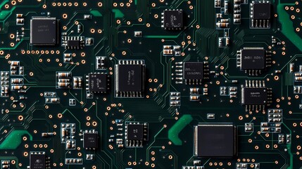 Abstract microchip texture background with intricate circuits and connections.