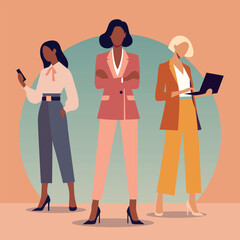 Flat Design Illustration of Boss Women, Confident Businesswomen in Professional Attire, Holding Smartphone, Laptop, and Posing with Authority. Vector Art Representing Leadership