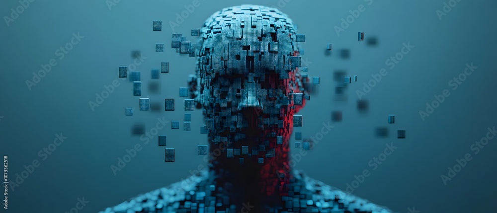 Aufkleber Abstract representation of a digital human figure composed of floating squares and particles, illustrating the concept of technology merging with human identity in a futuristic setting.