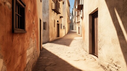 Obraz premium Narrow cobblestone street bathed in warm sunlight, flanked by rustic buildings, AI