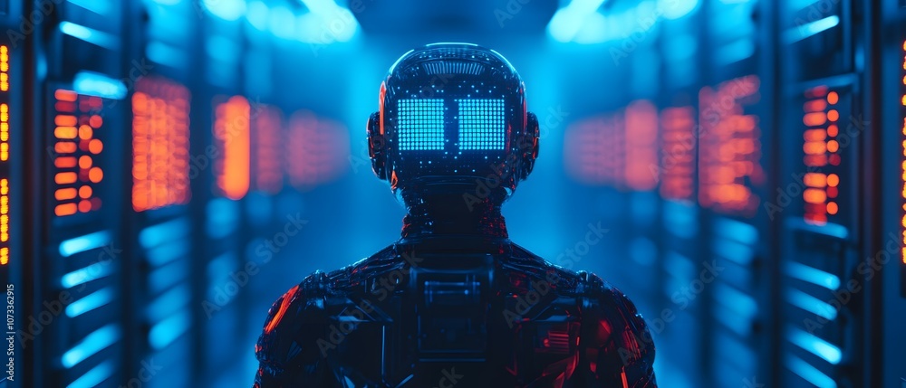 Leinwandbilder futuristic robot with digital face and glowing lights in data center, representing advanced technolo