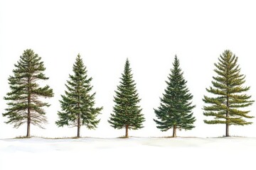 Obraz premium Winter scene featuring a row of evergreen trees covered in snow on a pristine white field under a soft blue sky evoking peaceful seasonal tranquility